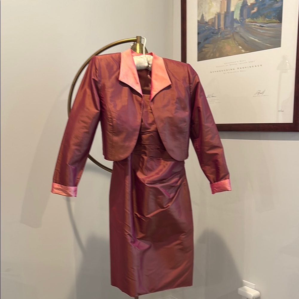 Elegant Pink iridescent Silk Dress with reversible Jacket